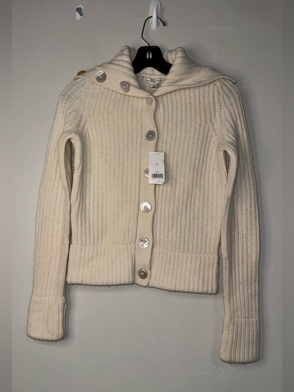 Banana Republic 88% Lambswool Cream Ribbed Hooded Button Cardigan
